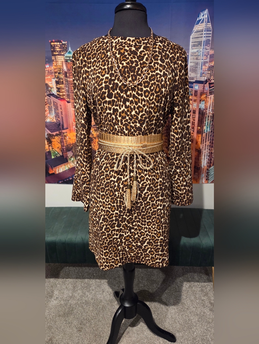 Leopard Print Long-Sleeve Shift Dress in Brown